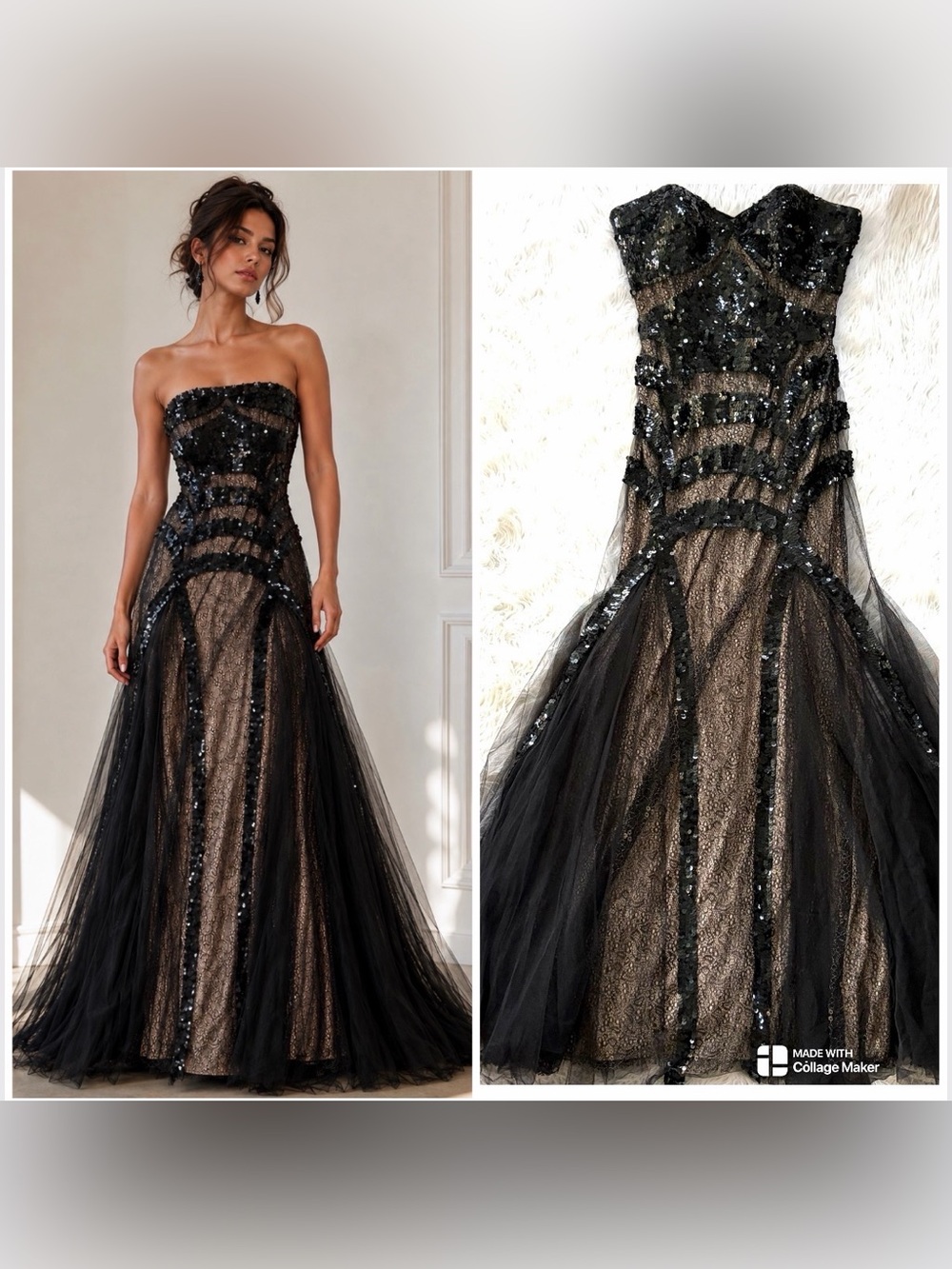 Royal Queen Strapless Black Sequin & Nude Lace Mermaid Evening Gown Size 12